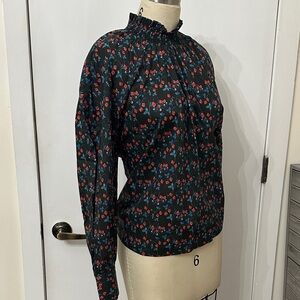 J. Crew Black Smocked-Neck Blouse with Red & Blue Floral